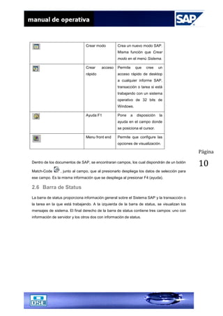 Página
10
Crear modo Crea un nuevo modo SAP.
Misma función que Crear
modo en el menú Sistema.
Crear acceso
rápido
Permite que cree un
acceso rápido de desktop
a cualquier informe SAP,
transacción o tarea si está
trabajando con un sistema
operativo de 32 bits de
Windows.
Ayuda F1 Pone a disposición la
ayuda en el campo donde
se posiciona el cursor.
Menu front end Permite que configure las
opciones de visualización.
Dentro de los documentos de SAP, se encontraran campos, los cual dispondrán de un botón
Match-Code , junto al campo, que al presionarlo despliega los datos de selección para
ese campo. Es la misma información que se despliega al presionar F4 (ayuda).
2.6 Barra de Status
La barra de status proporciona información general sobre el Sistema SAP y la transacción o
la tarea en la que está trabajando. A la izquierda de la barra de status, se visualizan los
mensajes de sistema. El final derecho de la barra de status contiene tres campos: uno con
información de servidor y los otros dos con información de status.
 