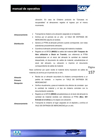 Página
157
ubicación. En caso de Chatarra producto de “Carcasas no
recuperables” el almacenero registra el ingreso por el mismo
movimiento.
Almacenamiento
Transporta la chatarra a la ubicación asignada en el depósito.
Archiva por el período de un año el VALE DE ENTRADA DE
MERCANCÍAS adjunto al recibido.
Distribución
Genera un PTRA al almacén primario cuando corresponde. (ver notas
aclaratorias procedimiento almacén)
Coordina el almacén primario la entrega del material a trasladar.
Registra en el SFCS (MIGO) la salida del material (351 Traspaso de
libre utilización a Stock en Transito, con referencia al PTRA
actualizándose en el stock del almacén la cantidad de material
despachada, el documento de salida de material, actualizándose el
stock del almacén, su ubicación e imprime el documento
correspondiente de salida de material.
Hace conformar por quien recibe el material dicha impresión de salida de
material y la archiva por el período de un año.
Almacén
Primario
Recepción
Recibe de un almacén secundario la chatarra correspondiente a un
pedido de traslado e imprime un “VALE DE ENTRADA DE
MERCANCÍAS”.
Verifica visualmente y pesa el material a los efectos de constatar que
la cantidad de material y el tipo de chatarra coinciden con la
documentación existente.
Registra en el SFCS (MIGO) actualizándose en el stock del almacén la
cantidad de material recibida con referencia al PTRA (Mov. 901
Entrada en el almac.) y le asigna una ubicación.
Almacenamiento
Transporta la chatarra al lugar asignado en el depósito y archiva el
VALE DE ENTRADA DE MERCANCÍAS por un año.
 