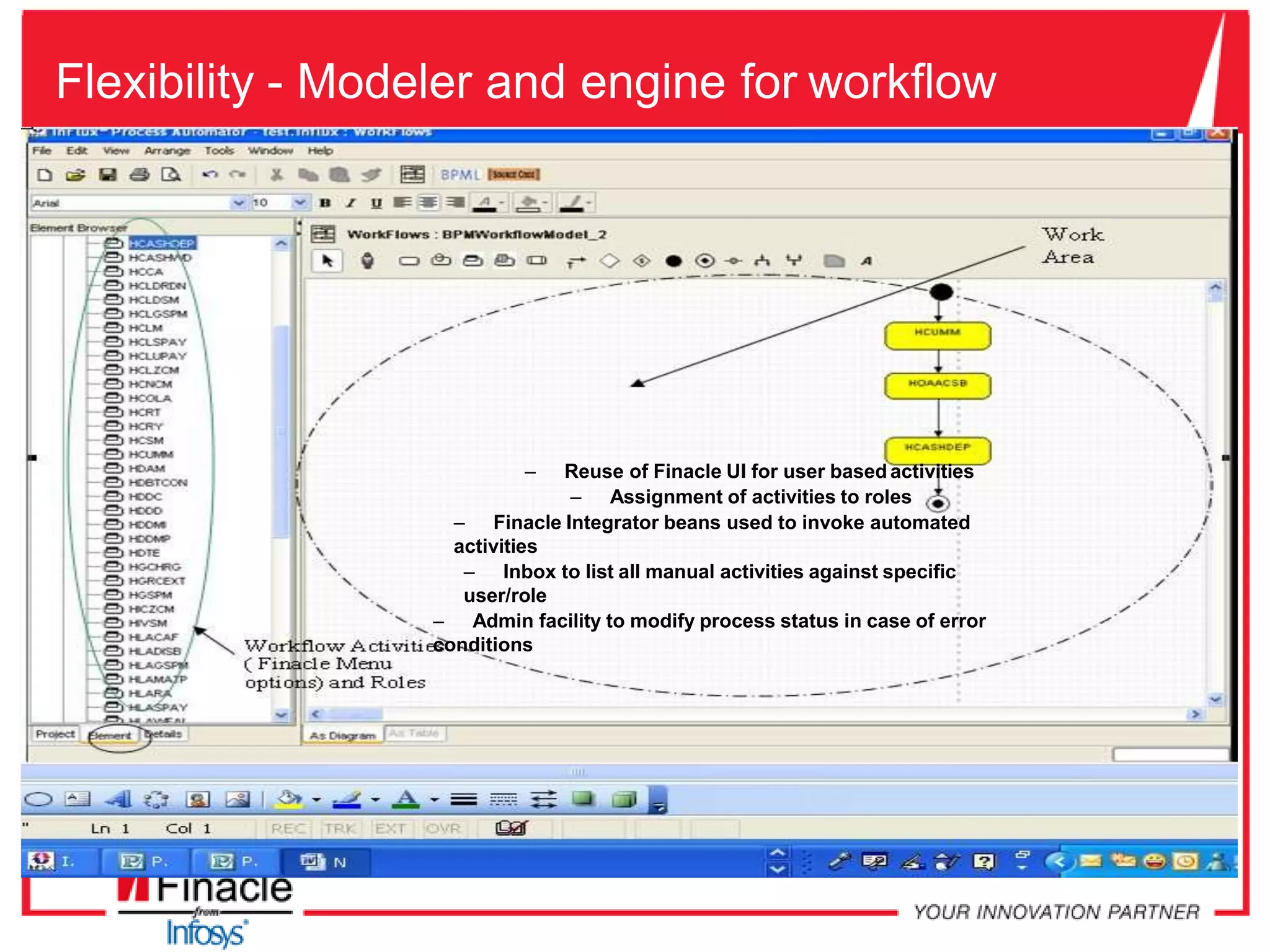 Flexibility - Modeler and engine for workflow
– Reuse of Finacle UI for user based activities
– Assignment of activities to roles
– Finacle Integrator beans used to invoke automated
activities
– Inbox to list all manual activities against specific
user/role
– Admin facility to modify process status in case of error
conditions
 
