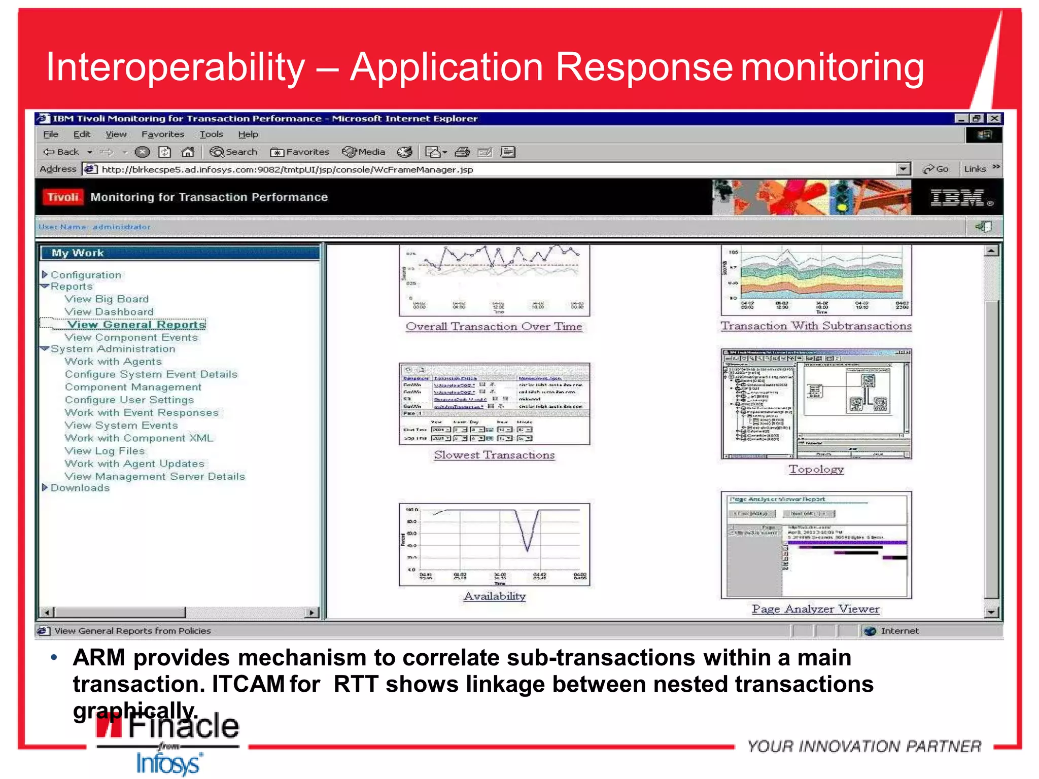 Interoperability – Application Response monitoring
• ARM provides mechanism to correlate sub-transactions within a main
transaction. ITCAM for RTT shows linkage between nested transactions
graphically.
 