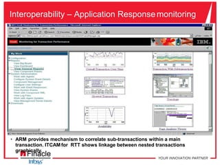 Interoperability – Application Response monitoring
• ARM provides mechanism to correlate sub-transactions within a main
transaction. ITCAM for RTT shows linkage between nested transactions
graphically.
 