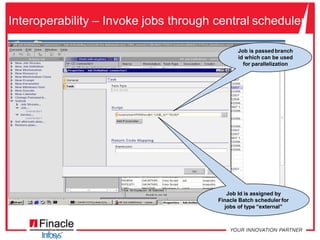 Interoperability – Invoke jobs through central scheduler
Job Id is assigned by
Finacle Batch scheduler for
jobs of type “external”
Job is passed branch
id which can be used
for parallelization
 