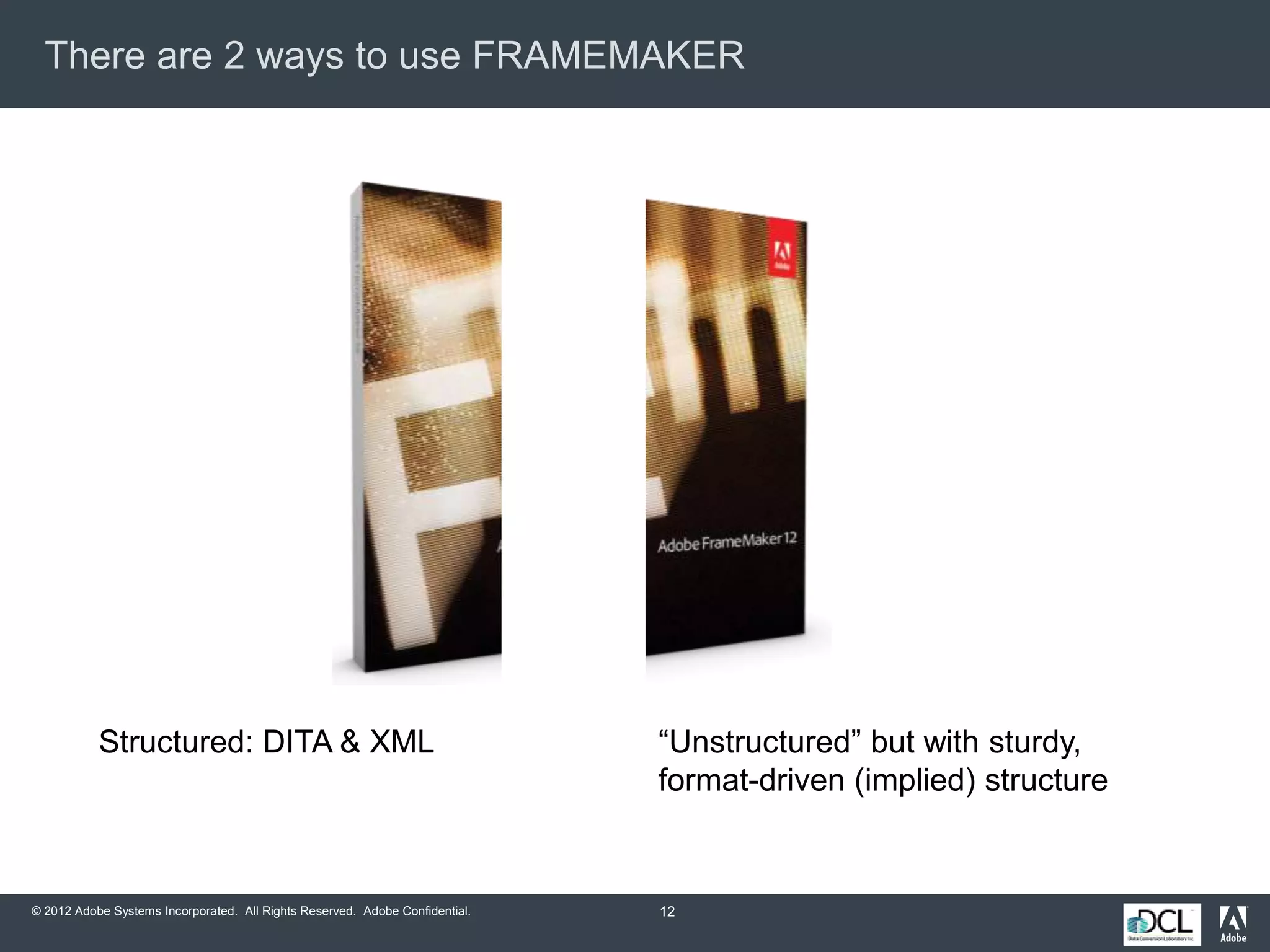 © 2012 Adobe Systems Incorporated. All Rights Reserved. Adobe Confidential.
There are 2 ways to use FRAMEMAKER
12
Structured: DITA & XML “Unstructured” but with sturdy,
format-driven (implied) structure
 