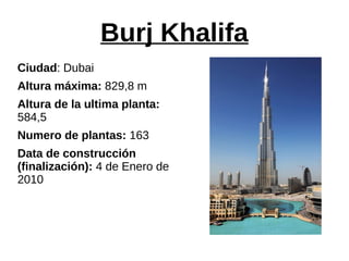 Burj Khalifa
Ciudad: Dubai
Altura máxima: 829,8 m
Altura de la ultima planta:
584,5
Numero de plantas: 163
Data de construcción
(finalización): 4 de Enero de
2010
 