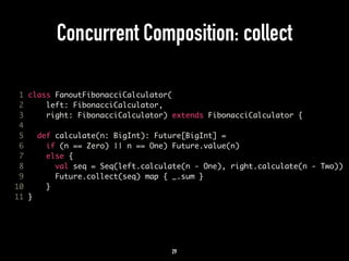 Concurrent Composition: collect 
1 class FanoutFibonacciCalculator( 
2 left: FibonacciCalculator, 
3 right: FibonacciCalcu...