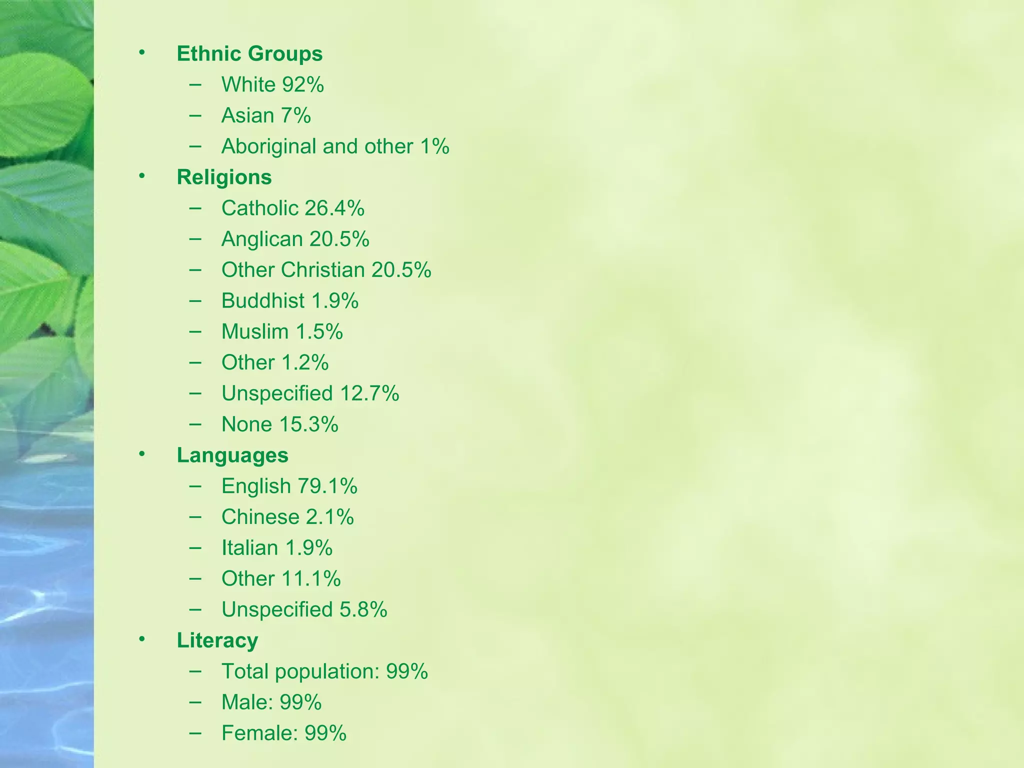 Ethnic Groups White 92% Asian 7%  Aboriginal and other 1%  Religions Catholic 26.4%  Anglican 20.5%  Other Christian 20.5%  Buddhist 1.9%  Muslim 1.5% Other 1.2%  Unspecified 12.7%  None 15.3%  Languages English 79.1%  Chinese 2.1%  Italian 1.9%  Other 11.1%  Unspecified 5.8%  Literacy Total population: 99% Male: 99% Female: 99% 
