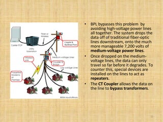 BPL bypasses this problem  by avoiding high-voltage power lines all together. The system drops the data off of traditional fiber-optic lines downstream, onto the much more manageable 7,200 volts of  medium-voltage power lines .  Once dropped on the medium-voltage lines, the data can only travel so far before it degrades. To counter this, special devices are installed on the lines to act as  repeaters .  The  CT Coupler  allows the data on the line to  bypass transformers .  