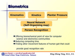 Biometrics Offering biomechanical point of view for computer  science and electronics communities Reducing computing time Finding other movement features of human gait that could  provide good recognition rate Kinetics Neural Network  (Self-Organizing map) Kinematics Plantar Pressure Person Recognition 