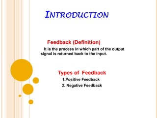 IntroductionFeedback (Definition)                   It is the process in which part of the output signal is returned back to the input.Types of  Feedback             1.Positive Feedback               2. Negative Feedback