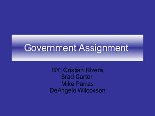 Government Assignment  BY: Cristian Rivera Brad Carter  Mike Parras DeAngelo Wilcoxson 