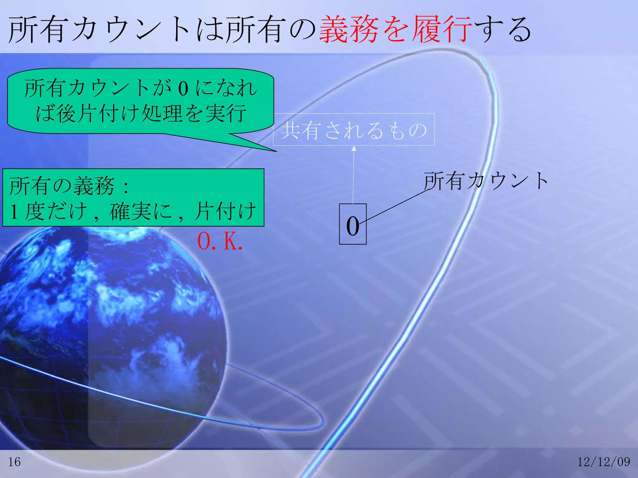 所有カウントは所有の 義務を履行 する 0 共有されるもの 所有カウントが0になれば後片付け処理を実行 所有の義務： 1度だけ, 確実に, 片付け 所有カウント O.K. 