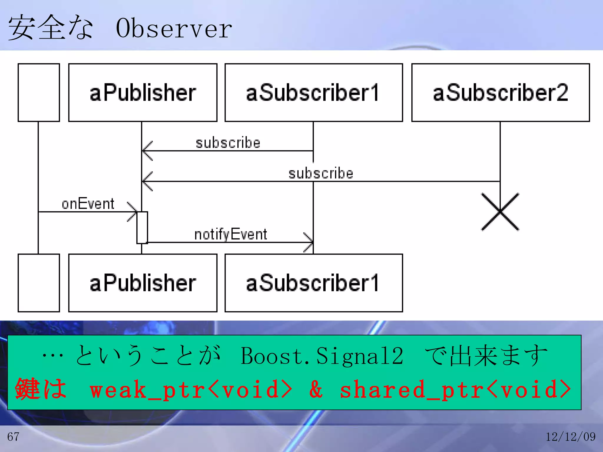 安全な Observer … ということが  Boost.Signal2  で出来ます 鍵は  weak_ptr<void> & shared_ptr<void> 