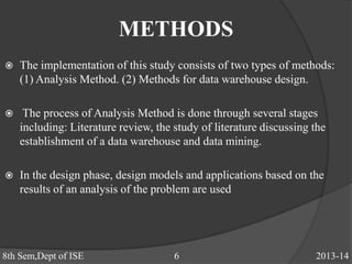 METHODS
 The implementation of this study consists of two types of methods:
(1) Analysis Method. (2) Methods for data warehouse design.
 The process of Analysis Method is done through several stages
including: Literature review, the study of literature discussing the
establishment of a data warehouse and data mining.
 In the design phase, design models and applications based on the
results of an analysis of the problem are used
8th Sem,Dept of ISE 6 2013-14
 
