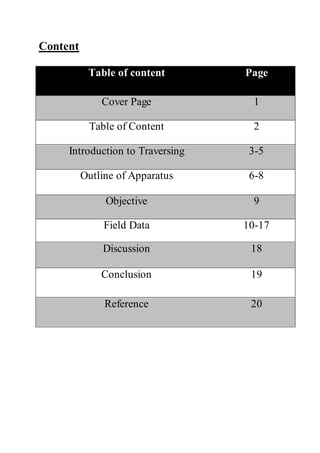 Content
Table of content Page
Cover Page 1
Table of Content 2
Introduction to Traversing 3-5
Outline of Apparatus 6-8
Objective 9
Field Data 10-17
Discussion 18
Conclusion 19
Reference 20
 