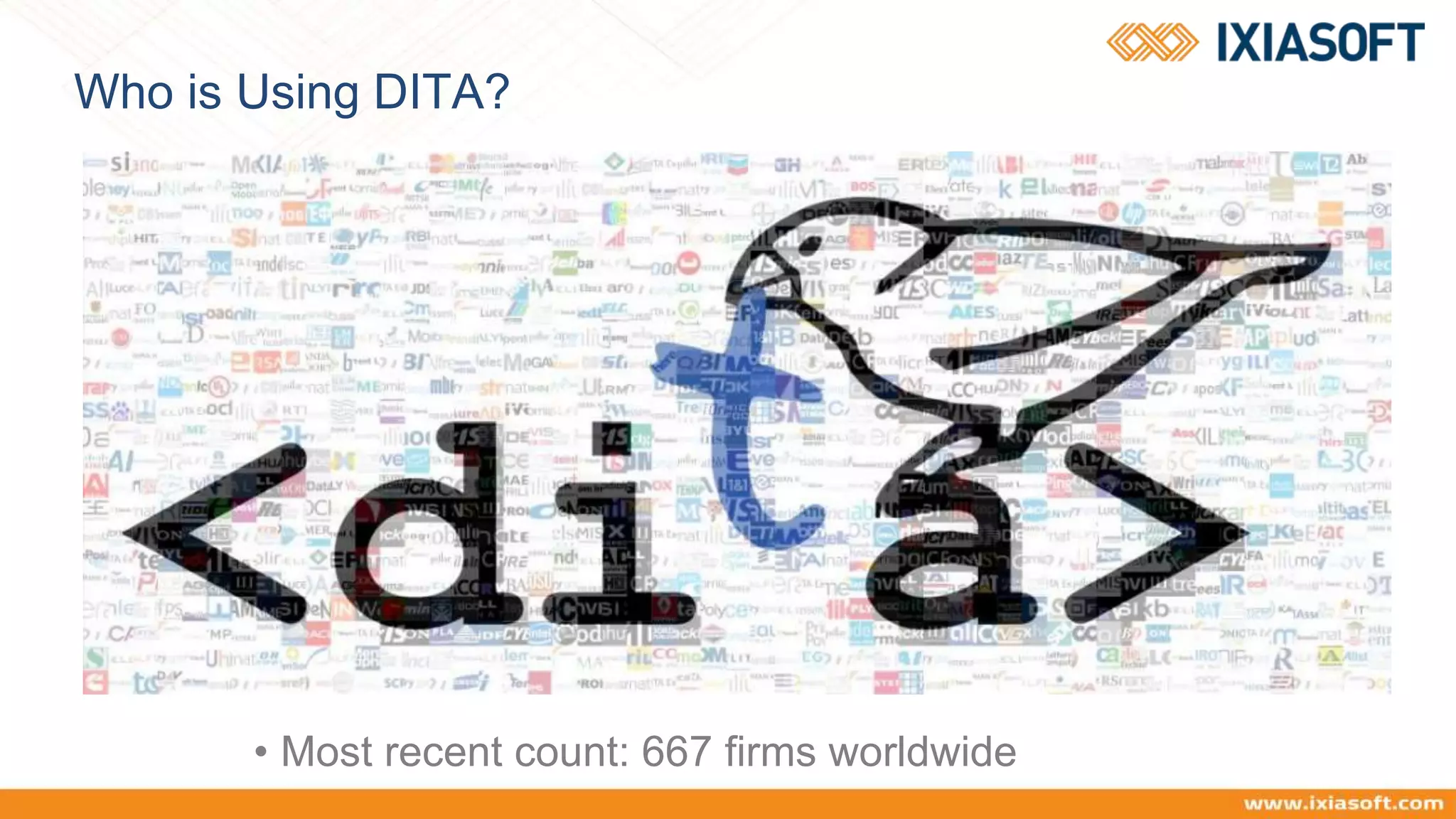 Who is Using DITA?
• Most recent count: 667 firms worldwide
 