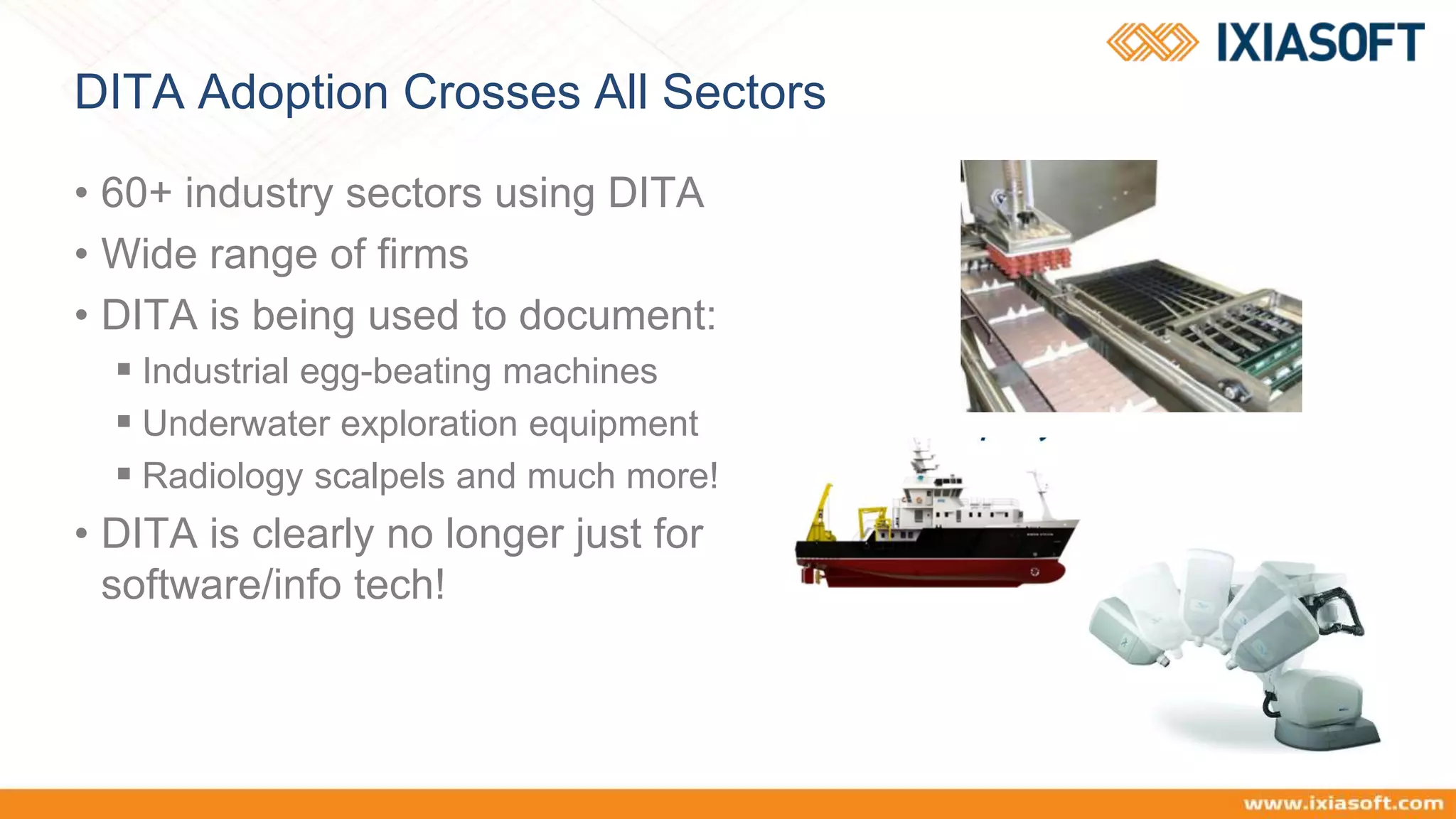 DITA Adoption Crosses All Sectors
• 60+ industry sectors using DITA
• Wide range of firms
• DITA is being used to document:
 Industrial egg-beating machines
 Underwater exploration equipment
 Radiology scalpels and much more!
• DITA is clearly no longer just for
software/info tech!
 