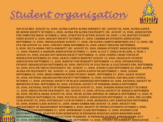 	200 Plus Men  August 24, 2006, Alpha Kappa Alpha Sorority, Inc. August 22, 2006, Alpha Kappa Mu Honor Society October 4, 2006, Alpha Phi Alpha Fraternity, Inc. August 18, 2006, Association for Computer Mach. October 9, 2006, Athletes in Action August 28, 2006 11/08, Baptist Student Union August 2, 2006, Biology Society October 27, 2006, Caribbean Students Association September 15, 2006, Cheerleaders August 17, 2006, Chi Alpha Campus Ministries July 13, 2006, Chi Eta Phi August 23, 2006, Concert Choir November 29, 2006, Dance Theatre September 8, 2006, Delta Sigma Theta Sorority, Inc. August 23, 2006, DNIMAS Student Association October 11, 2006, Finance & Banking Association October 11, 2006, G.I.S.E.T. (Girls in Sci.Eng. & Tech. ) August 24, 2006, Golden Key Honour Society September 13, 2006, Gospel Choir/Voices of Inspiration November 28, 2006, Grace Campus Ministry August 18, 2006, Graduate Student Association September 14, 2006, Habitat for Humanity September 13, 2006, International Student Organization September 08, 2006, Institute of Electrical & Electronics Eng. September 20, 2006, Iota Phi Theta Fraternity, Inc. August 11, 2006, Junior Class September 25, 2006, Kappa Alpha Psi Fraternity, Inc. August 14, 2006, Kappa Kappa Psi September 7, 2006, LEGASI September 25, 2006, Mass Communications Student Assoc. September 27, 2006, NAACP August 24, 2006, National Broadcasting Society September 15, 2006, National Pan-Hellenic Council October 11, 2006, National Society of Black Engineers September 29, 2006, National Society of Minorities in Hos. September 20, 2006, National Society of Pershing Angels September 28, 2006, National Society of Pershing Rifles August 21, 2006, Nursing Honor Society October 11, 2006, Omega Psi Phi Fraternity, Inc. August 15, 2006, Optical Society of America September 26, 2006, Phi Beta Sigma August 28, 2006, Phi Mu Alpha Sinfonia of America September 15, 2006, Pi Sigma Epsilon September 29, 2006, Political Science Association September 12, 2006, Pre-Alumni Club August 23, 2006, Psychology Club October 9, 2006, Residence Life Association September 25, 2006, Senior Class August 21, 2006, Sigma Gamma Rho August 18, 2006. Society for Advancement of Management November 9, 2006. Society of Physics Students October 9, 2006. Sociology Club September 21, 2006. Sophomore Class September 13, 2006, Spanish Club September 5, 2006, Spartan Echo Newspaper In Progress Spartan Legion Marching Band November 8, 2006, Spartan Reflections Yearbook  In Progress Student Ambassadors July 31, 2006, Student Athlete Advisory Com. September 13, 2006, Student Government Association August 21, 2006, Student Nurses Association November 30, 2006, Student Va. Education Association October 27, 2006, Tau Beta Sigma August 24, 2006, Veterans Club September 28, 2006,  Whitney Young Social Work Club October 5, 2006, Zeta Phi Beta Sorority, Inc. August 30, 200612/5/2007Yolanda Heath 11Student organization