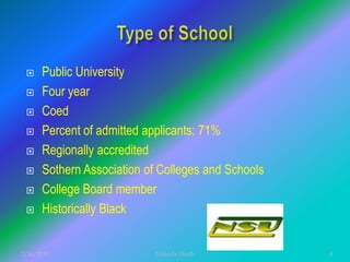 Type of SchoolPublic UniversityFour yearCoedPercent of admitted applicants: 71%Regionally accreditedSothern Association of Colleges and SchoolsCollege Board memberHistorically Black12/5/2007Yolanda Heath 4
