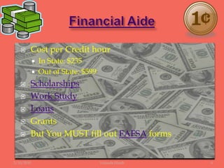 Financial AideCost per Credit hourIn State: $235Out of State: $599ScholarshipsWork StudyLoansGrantsBut You MUST fill out FAFSA forms12/5/2007Yolanda Heath 6