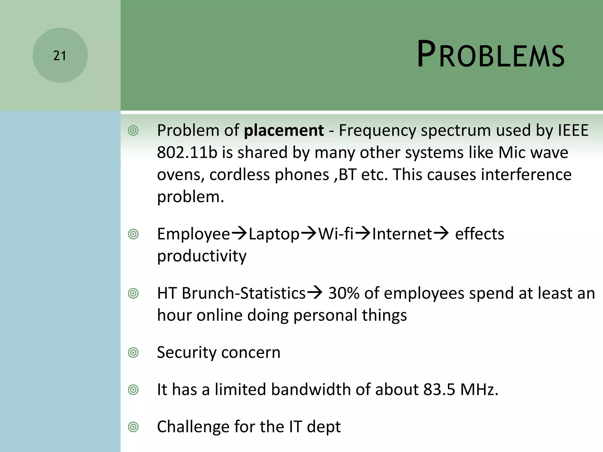 Benefits contd.Super fast wireless connection¼ th cost compared to wired N/WsLow cost and extensive availability of  Wi-Fi products Mobility - users can move about almost without restriction Flexibility & scalabilityConvenience- seamless connectivityTime savingCustomized15
