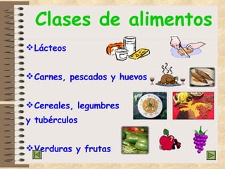 Clases de alimentos Lácteos Carnes, pescados y huevos Cereales, legumbres y tubérculos  Verduras y frutas                                                                    