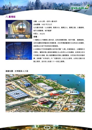 八.臺灣館
                 主題：山水心燈 - 自然‧心靈‧城市
                 占地面積：1400 平方公尺
                 七大展示內容：“山水劇場、點燈水台、臺灣之心、臺灣之窗、心靈劇場、
                 城市主題廣場、城市藝廊”
                 代言人：林志玲
                 含義：
                 1.“臺灣之心”球體與心燈外部，呈現成萬蝶飛舞、海洋守護 、臺灣創意、
                 自然永續與民間藝術的多種影像，向世界傳遞臺灣多元自然及生命圖像，
                 並展現出日夜不同表現的多樣風情。
                 2.以象徵太平洋的無邊際水池作為守護「心燈」的建築基台，以臺灣的日
                 月潭水、鶯歌的陶土燒制的蝴蝶及玉山的原生山石為隱喻，呈現東方的五
                 行和諧共生意義，踏上點燈檯就如同踏上臺灣寶島，共同為世界的和諧祈
                 願，並彰顯「未來城市」中「回歸自然」生活力之展現，以得生活最大和
                 諧之理想，並向世人表達二十一世紀之願景。




展館位置：世博園區 A 片區




                           31
 