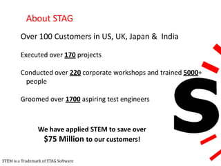 About STAGOver 100 Customers in US, UK, Japan &  IndiaExecuted over 170 projects Conducted over 220 corporate workshops and trained 5000+ people Groomed over 1700 aspiring test engineersWe have applied STEM to save over $75 Million to our customers!STEM is a Trademark of STAG Software.