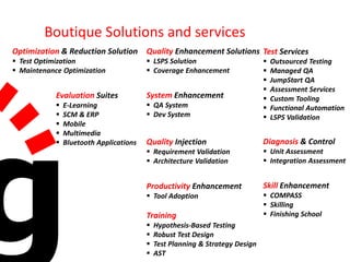 Boutique Solutions and servicesOptimization & Reduction Solution  Test Optimization