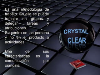 Es una metodologia de
trabajo. En ella se puede
trabajar en grupos y
delegar       tareas    y
atribuciones.
Se centra en las persona
y no en el producto o
actividades.

Una          de      sus
caracteristicas   es  la
comunicación         por
osmosis.
 
