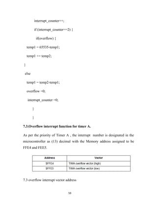 interrupt_counter++;

            if (interrupt_counter==2) {

             if(overflow) {

    temp1 = 65535-temp1;

    temp1 += temp2;

}

 else

    temp1 = temp2-temp1;

    overflow =0;

    interrupt_counter =0;

        }

        }

7.3.Overflow interrupt function for timer A.

As per the priority of Timer A , the interrupt number is designated in the
microcontroller as (13) decimal with the Memory address assigned to be
FFE4 and FEE5.




7.3 overflow interrupt vector address


                                   59
 