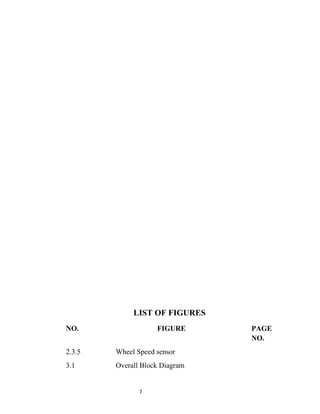 LIST OF FIGURES
NO.                 FIGURE      PAGE
                                NO.
2.3.5   Wheel Speed sensor
3.1     Overall Block Diagram


               7
 