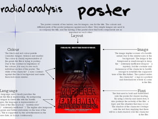 Language Font Image Colour The black and red colour palette connotes danger, violence and murder. The colour is clearly representative of the genre the film is trying to portray. Due to the contrast in brightness of the colours, it is easy to see each individual section of the poster. The white of the character’s eyes contrast against the black background and make them look more sinister. The language used clearly parodies the genre the film is representing. By juxtaposing the tongue in cheek title with the horrific images, the language is representative of the tone of the film (such as ‘horribly slow’ and ‘extremely inefficient’). The tagline also lampoons the genre and further elaborates on the tone of the film. This is supported by the advertisement on the release date, as it says continuously. The font used is bold and embedded onto the poster for clearer reading. By using a blocky and harsh font, it also portrays the severity of the film’s topic and the situation that may occur. The shadow of the character overlaps onto the red font, implying that there will be a dark shadow over the character in the film. The image implies scenes of a horrific nature due to the sinister eyes in the background. The image in the foreground is small enough to keep the ‘extremely inefficient weapon’ a mystery, but the costume and demeanour of the character is horrific enough to establish the supposed tone of the film further. The symbol under the character’s legs is a portent and foreshadows events to come in the film. Layout The poster consists of two halves; one for images, one for the title. The colours and different parts of the poster juxtapose against each other. Very simple images are used to accompany the title, and the halving of the poster show that both components are as important as each other. 