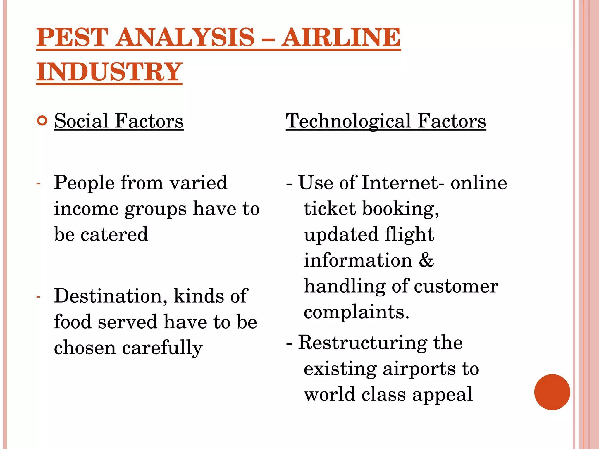 PEST ANALYSIS – AIRLINE INDUSTRY Social Factors People from varied income groups have to be catered Destination, kinds of food served have to be chosen carefully Technological Factors - Use of Internet- online ticket booking, updated flight information & handling of customer complaints.  - Restructuring the existing airports to world class appeal  