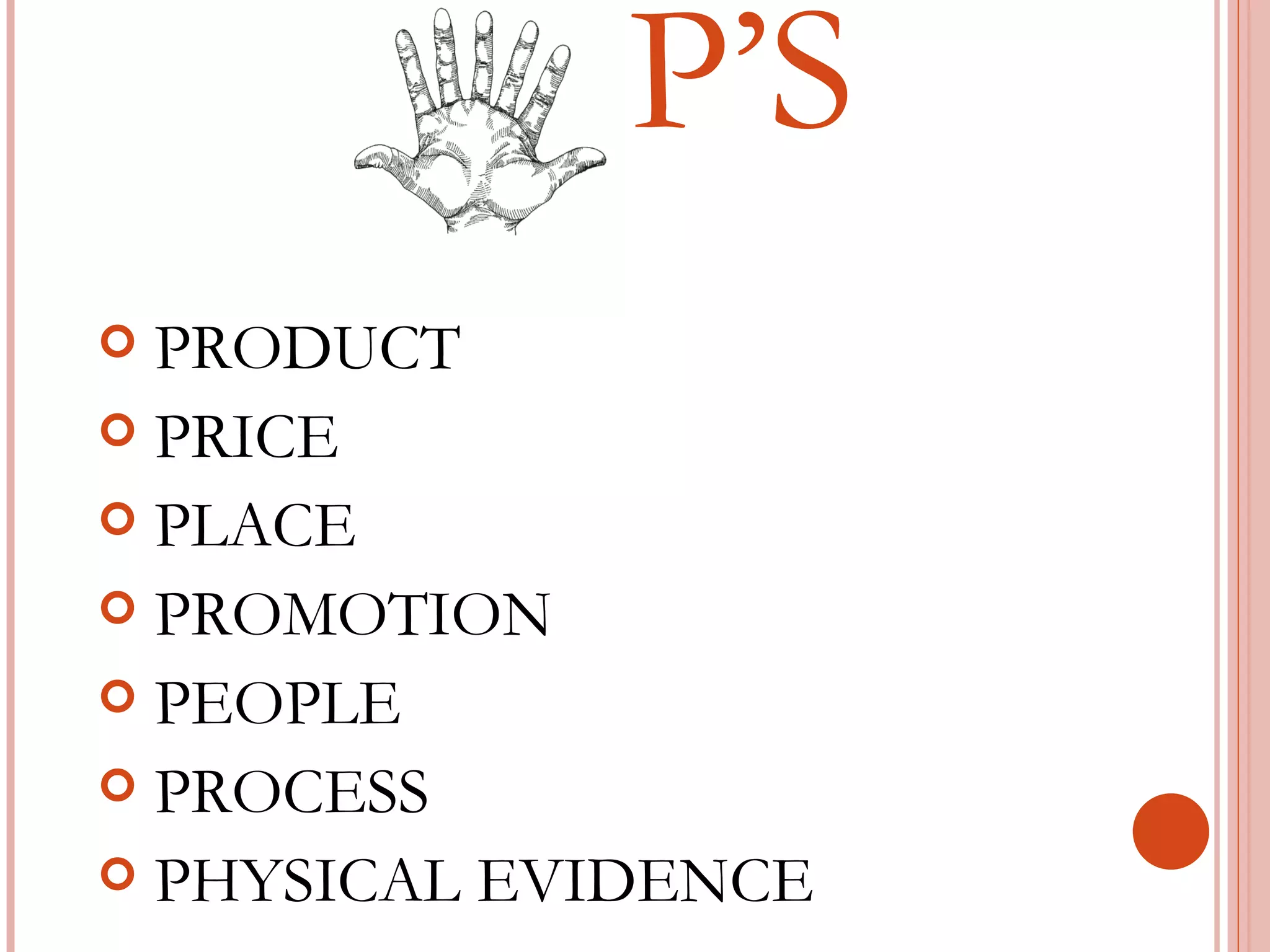 P’S PRODUCT PRICE PLACE PROMOTION PEOPLE PROCESS PHYSICAL EVIDENCE 