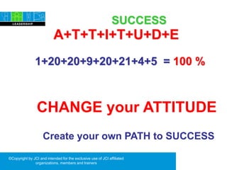 ©Copyright by JCI and intended for the exclusive use of JCI affiliated
organizations, members and trainers
SUCCESS
A+T+T+I+T+U+D+E
1+20+20+9+20+21+4+5 = 100 %
CHANGE your ATTITUDE
Create your own PATH to SUCCESS
 