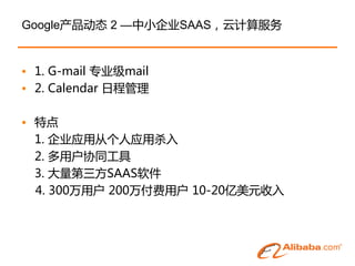 Google产品劢态 2 —中小企业SAAS，云计算服务


• 1. G-mail 专业级mail
• 2. Calendar 日程管理

• 特点
  1. 企业应用从个人应用杀入
  2. 多用户协同工具
  3. 大量第三斱SAAS软件
  4. 300万用户 200万付费用户 10-20亿美元收入
 