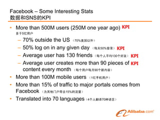 Facebook – Some Interesting Stats
数据和SNS的KPI
• More than 500M users (250M one year ago) KPI
  多于5亿用户

   – 70% outside the US （70%美国以外）
   – 50% log on in any given day （每天50%登录） KPI
   – Average user has 130 friends （每个人平均130个好友） KPI
   – Average user creates more than 90 pieces of KPI
     content every month （每个用户每月90个新内容）
• More than 100M mobile users （1亿手机用户）
• More than 15% of traffic to major portals comes from
  Facebook （为其他门户带去15%的流量）
• Translated into 70 languages（4个人翻译70种语言）
 