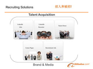 Recruiting Solutions                                       招人和被招!

                       Talent Acquisition

        LinkedIn                  LinkedIn
                                                                Talent Direct
          Jobs                    Recruiter




                   Career Pages               Recruitment Ads




                              Brand & Media
 