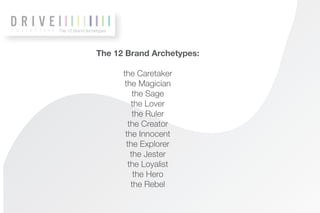 The 12 Brand Archetypes




                  The 12 Brand Archetypes:

                          the Caretaker
                           the Magician
                               the Sage
                              the Lover
                               the Ruler
                             the Creator
                           the Innocent
                            the Explorer
                              the Jester
                             the Loyalist
                               the Hero
                              the Rebel
 