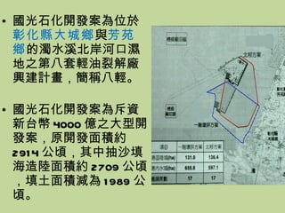 國光石化開發案為位於 彰化縣大城鄉 與 芳苑鄉 的濁水溪北岸河口濕地之第八套輕油裂解廠興建計畫，簡稱八輕。 國光石化開發案為斥資新台幣 4000 億之大型開發案，原開發面積約 2914 公頃，其中抽沙填海造陸面積約 2709 公頃，填土面積減為 1989 公頃。 