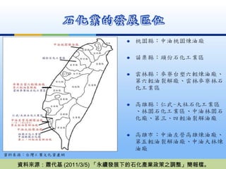 資料來源：蕭代基 (2011/3/5) 「永續發展下的石化產業政策之調整」簡報檔。 