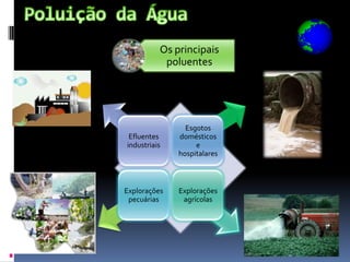 Os principais
           poluentes




                Esgotos
 Efluentes    domésticos
industriais        e
              hospitalares



Explorações   Explorações
 pecuárias     agrícolas
 