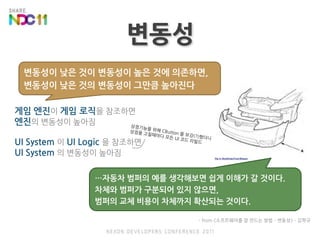 변동성변동성이 낮은 것이 변동성이 높은 것에 의존하면, 변동성이 낮은 것의 변동성이 그만큼 높아진다상점기능을 위해 CButton 을 보강(?)했더니상점을 고칠때마다 모든 UI 코드 리빌드게임 엔진이 게임 로직을 참조하면엔진의 변동성이 높아짐UI System 이 UI Logic 을 참조하면UI System 의 변동성이 높아짐…자동차 범퍼의 예를 생각해보면 쉽게 이해가 갈 것이다.차체와 범퍼가 구분되어 있지 않으면, 범퍼의 교체 비용이 차체까지 확산되는 것이다.- from <소프트웨어를 잘 만드는 방법 – 변동성> - 김학규