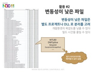 활용 #2변동성이 낮은 파일변동성이 낮은 파일은별도 프로젝트나 DLL 로 분리를 고려개발환경의 복잡도를 낮출 수 있다빌드 시간을 줄일 수 있다WTL80DNFSplinetinyxmlEquipmentImagePack…뭔가 라이브러리화해야할것 같은 놈들