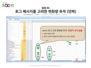 활용 #6로그 메시지를 고려한 변화량 추적 (던파)revert 로그 고려 변화량 추적:의의가 크지 않음1. 대상 자체가 적다2. 같은 기간에 작업된것이 함께 revert 되는 경우들