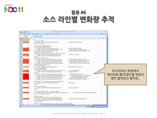 활용 #6소스 라인별 변화량 추적두드러지는 부분에서데이터로 뽑아내야 할 부분이많이 발견되긴 했지만..