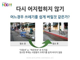 어느경우 쓰레기를 쉽게 버릴것 같은가?청소 전청소 후“더럽네” vs. “깨끗하네” 로 인지됨청소한 후에는 사람들이 쓰레기를 쉽게 버리지 않음다시 어지럽히지 않기