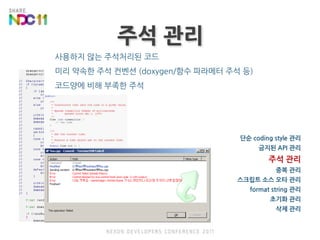 주석 관리사용하지 않는 주석처리된 코드미리 약속한 주석 컨벤션 (doxygen/함수 파라메터 주석 등)코드양에 비해 부족한 주석단순 coding style 관리금지된 API 관리주석 관리중복 관리스크립트 소스오타 관리format string 관리초기화 관리삭제 관리