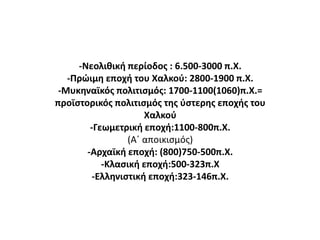 -Νεολιθική περίοδος : 6.500-3000 π.Χ.-Πρώιμη εποχή του Χαλκού: 2800-1900 π.Χ.-Μυκηναϊκός πολιτισμός: 1700-1100(1060)π.Χ.= προϊστορικός πολιτισμός της ύστερης εποχής του Χαλκού-Γεωμετρική εποχή:1100-800π.Χ.(Α΄ αποικισμός)-Αρχαϊκή εποχή: (800)750-500π.Χ.-Κλασική εποχή:500-323π.Χ-Ελληνιστική εποχή:323-146π.Χ.