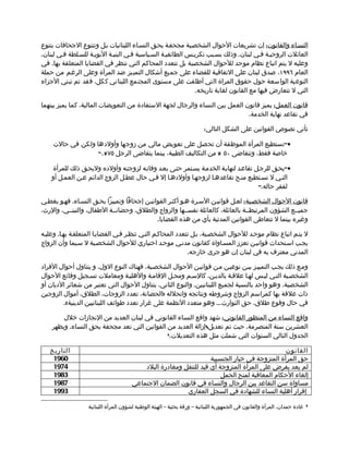 ‫النسماء والقانون: إن تشريعات الحوال الشخصمية مجحفمة بحمق النسماء اللبنانيات بمل وتتنوع الجحافات بتنوع‬
‫العائلت الروحيمة فمي لبنان. وذلك بسمبب تكريمس الطائفيمة السمياسية فمي البنيمة البويمة للسملطة فمي لبنان.‬
‫وعليه ل يتم اتباع نظام موحد للحوال الشخصية بل تتعدد المحاكم التي تنظر في القضايا المتعلقة بها. في‬
‫العام ٦٩٩١، صدق لبنان على التفاقيمة للقضاء على جميع أشكال التمييز ضد المرأة وعلى الرغمم من حملة‬
‫التوعية الواسعة حول حقوق المراة التي أطلقت على مستوى المجتمع اللبناني ككل، فقد تم تبني الجزاء‬
                                                             ‫التي ل تتعارض فيها مع القانون لغاية تاريخه.‬

‫قانون العمل: يميز قانون العمل بين النساء والرجال لجهة الستفادة من التعويضات المالية، كما يميز بينهما‬
                                                                              ‫في تقاعد نهاية الخدمة.‬

                                                                          ‫تأتي نصوص القوانين على الشكل التالي:‬

    ‫•"تستطيع المرأة الموظفة أن تحصل على تعويض مالي من زوجها وأولدها ولكن في حالت‬
                  ‫خاصة فقط، وتتقاضى ٠٥ % من التكاليف الطبية، بينما يتقاضى الرجل ٥٧%."‬

    ‫•"يحمق للرجمل تقاعمد لنهايمة الخدممة يسمتمر حتمى بعمد وفاتمه لزوجتمه وأولده وليحمق ذلك للمرأة‬
    ‫التمي ل تسمتطيع منمح تقاعدهما لزوجهما وأولدهما إل فمي حال عطمل الزوج الدائم عمن العممل أو‬
                                                                                     ‫لفقر حاله."‬

‫قانون الحوال الشخصمية: لعمل قوانيمن السمرة همو أكثمر القوانيمن إجحافا وتمييزا بحمق النسماء. فهمو يغطمي‬
‫جميممع الشؤون المرتبطممة بالعائلة، كالعائلة نفسممها والزواج والطلق، وحضانممة الطفال، والتبنممي، والرث،‬
                                             ‫وغيره بينما ل تتعاطى القوانين المدتية بأي من هذه القضايا.‬

‫ل يتمم اتباع نظام موحمد للحوال الشخصمية، بمل تتعدد المحاكمم التمي تنظمر فمي القضايما المتعلقمة بهما. وعليمه‬
‫يجمب اسمتحداث قوانيمن تعزز المسماواة كقانون مدنمي موحمد اختياري للحوال الشخصمية ل سميما وأن الزواج‬
                                                             ‫المدني معترف به في لبنان إن هو جرى خارجه.‬

‫وممع ذلك يجمب التمييمز بيمن نوعيمن ممن قوانيمن الحوال الشخصمية، فهناك النوع الول، و يتناول أحوال الفراد‬
‫الشخصمية التمي ليمس لهما علقمة بالديمن، كالسمم ومحمل القاممة والهليمة ومعاملت تسمجيل وقائع الحوال‬
‫الشخصية، وهو واحد بالنسبة لجميع اللبنانيين. والنوع الثاني، يتناول الحوال التي تعتبر من شعائر الديان أو‬
‫ذات علقة بها كمراسم الزواج وشروطه ونتائجه وانحلله )الحضانة، تعدد الزوجات، الطلق، أموال الزوجين‬
        ‫في حال وقوع طلق، حق التوارث... وهو متعدد النظمة على غرار تعدد طوائف اللبنانيين الدينية(.‬

        ‫واقع النساء من المنظور القانوني: شهد واقع النساء القانوني في لبنان العديد من النجازات خلل‬
    ‫العشرين سنة المنصرمة. حيث تم تعديلإزالة العديد من القوانين التي تعد مجحفة بحق النساء. ويظهر‬
                                              ‫الجدول التالي السنوات التي شملت مثل هذه التعديلت.5‬



   ‫التاريخ‬                                                                                      ‫القانون‬
    ‫0691‬                                                            ‫حق المرأة المتزوجة في خيار الجنسيية‬
    ‫4791‬                                   ‫لم يعد يفرض على المرأة المتزوجة أي قيد للتنقل ومغادرة البلد‬
    ‫3891‬                                                                ‫إلغاء الحكام المعاقبة لمنح الحمل‬
    ‫7891‬                               ‫مساواة سن التقاعد بين الرجال والنساء في قانون الضمان الجتماعي‬
    ‫3991‬                                                  ‫إقرار أهلية النساء للشهادة في السجل العقاري‬

                   ‫غادة حمدان، المرأة والقانون في الجمهورية اللبنانية – ورقة بحثية – الهيئة الوطنية لشؤون المرأة اللبنانية‬   ‫5‬
 